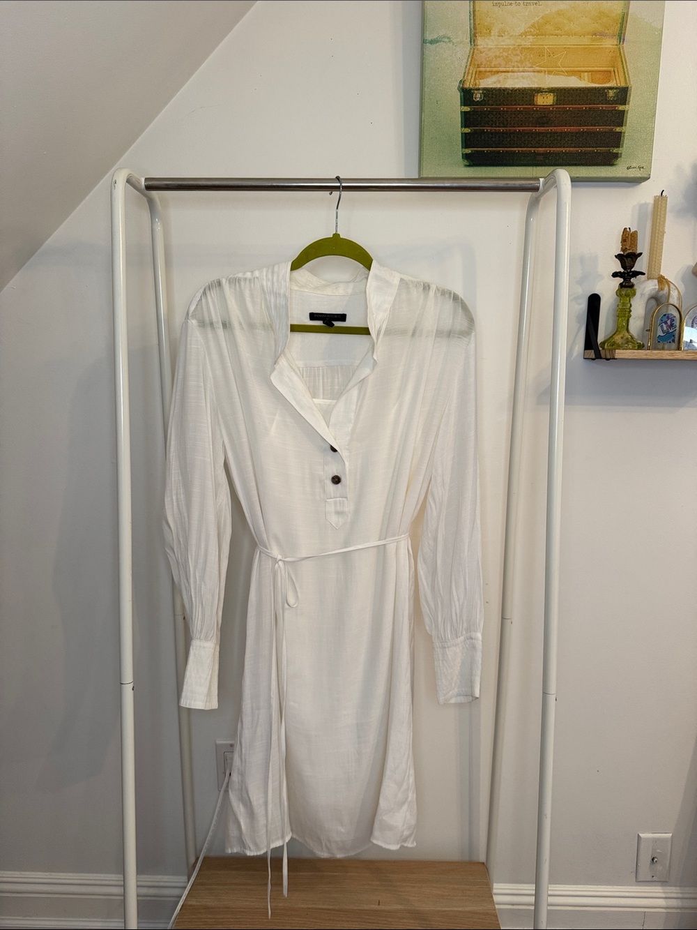 Banana Republic Classic White Long-Sleeve Linen Blend Shirt Dress w/Tie Waist M